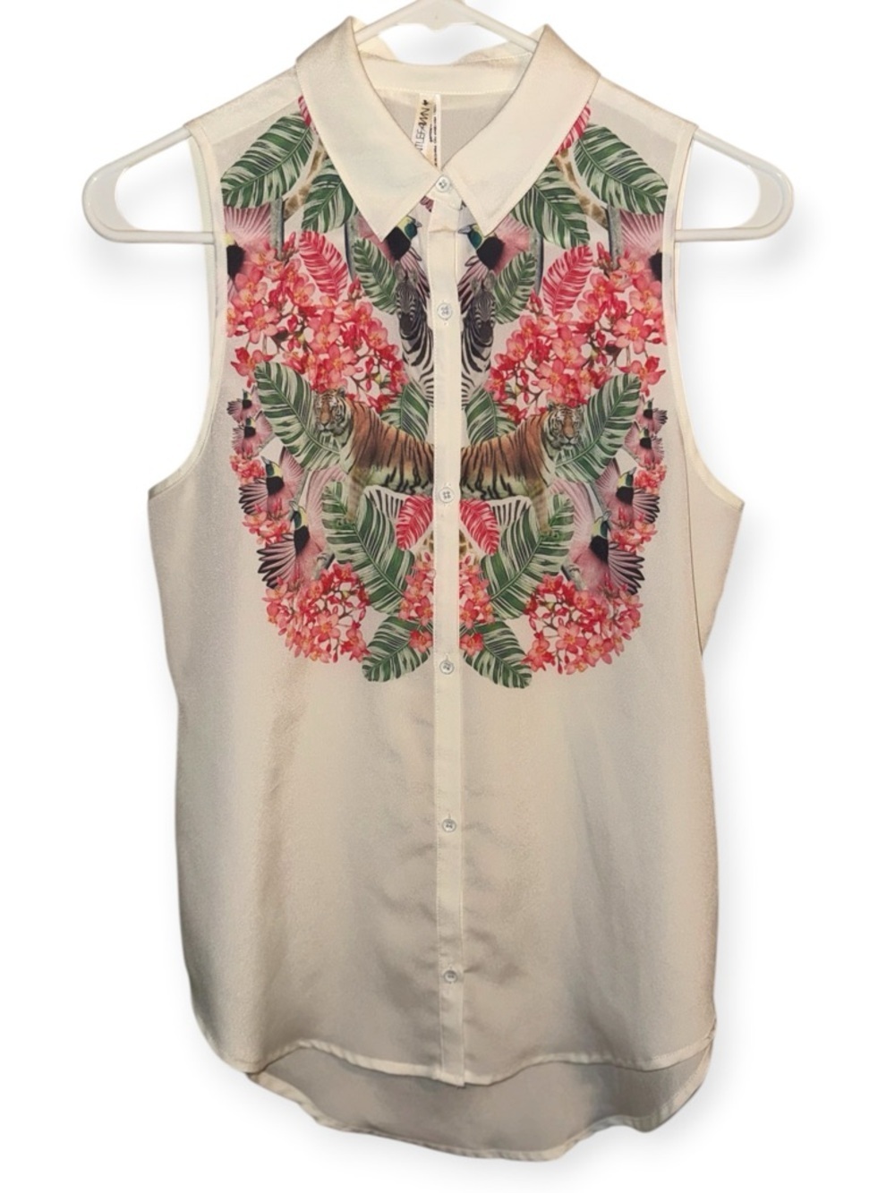 🌼Gentle Fawn Cream Sleeveless Button-Down Top with Pink & Green Tropical Print